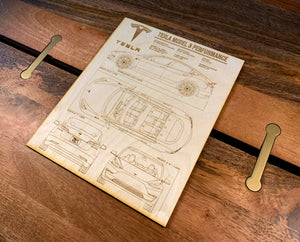 Tesla Model 3 Laser Engraved Wood Blueprint